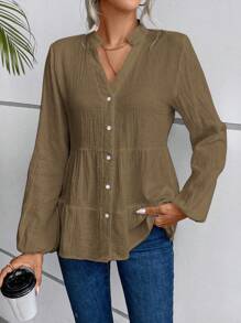 Breezaya Gola Entalhado Manga Lanterna Bainha Com Babado Blusa Bata - Caqui - Ver 3