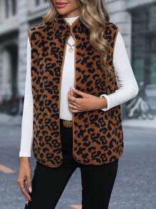 SHEIN LUNE Abrigo chaleco con estampado de leopardo con parte delantera abierta teddy - Café integral - Ver 3