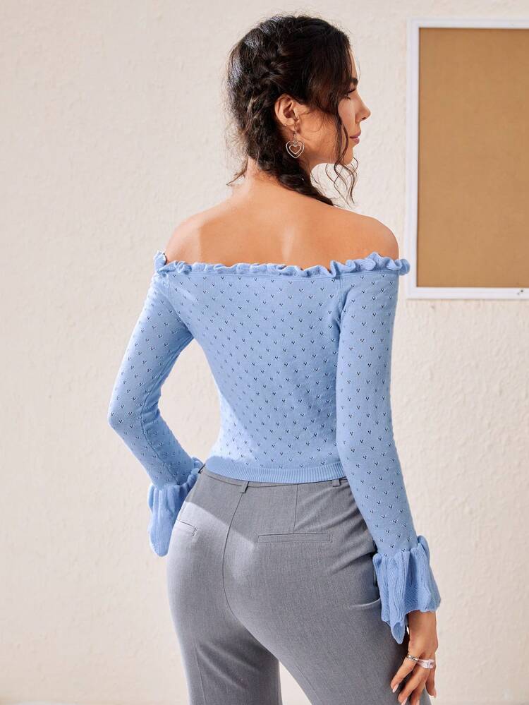 Off Shoulder Frill Trim Flare Sleeve Crop Sweater