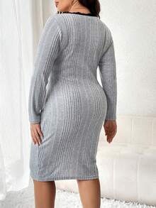 SHEIN Clasi Plus Contrast Lace Trim Ribbed Knit Dress Without Belt - Grey - View 2