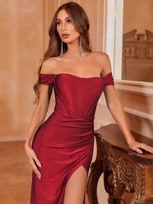 Faeriesty Off Shoulder Bodice Contrast Ruched Wrap Hem Formal Dress - Burgundy - View 6