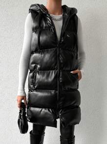 EURMUSE Zip Up Hooded Puffer Vest Coat - Black - View 3