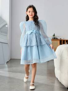 SHEIN 女大童網紗拼接泡泡袖繫腰帶洋裝 - 粉色 - 查看 5