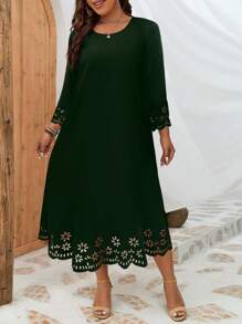 INAWLY Plus Laser Cut Out Scallop Trim Dress