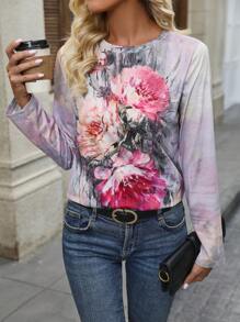 EMERY ROSE Floral Print Tie Dye Tee - Multicolor - View 1