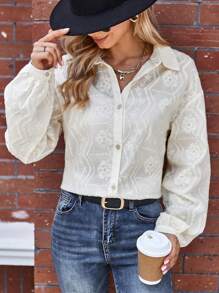 Aveloria 提花前紐扣襯衫 - 米色 - 查看 5