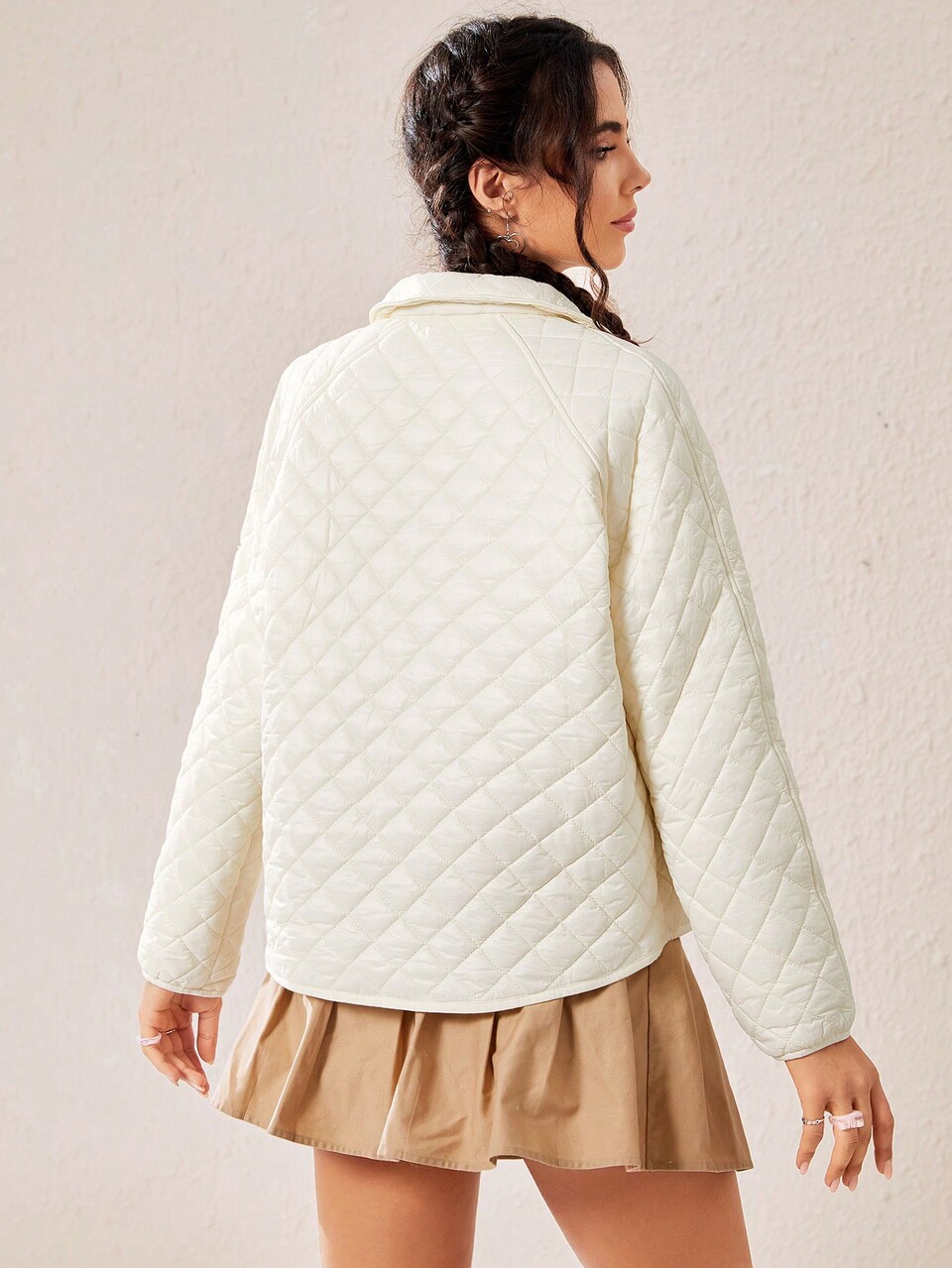 Raglan Sleeve Pocket Patched Quilted Coat