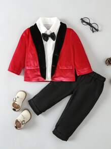 男嬰拼接青果領前蝴蝶結西裝外套和褲子&襯衫 - 彩色 - 查看 1