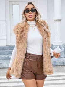 SHEIN Privé Open Front Fuzzy Vest Coat - Khaki - View 3