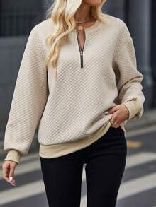 SHEIN LUNE 半拉鏈落肩袖運動衫 - 杏色 - 查看 3