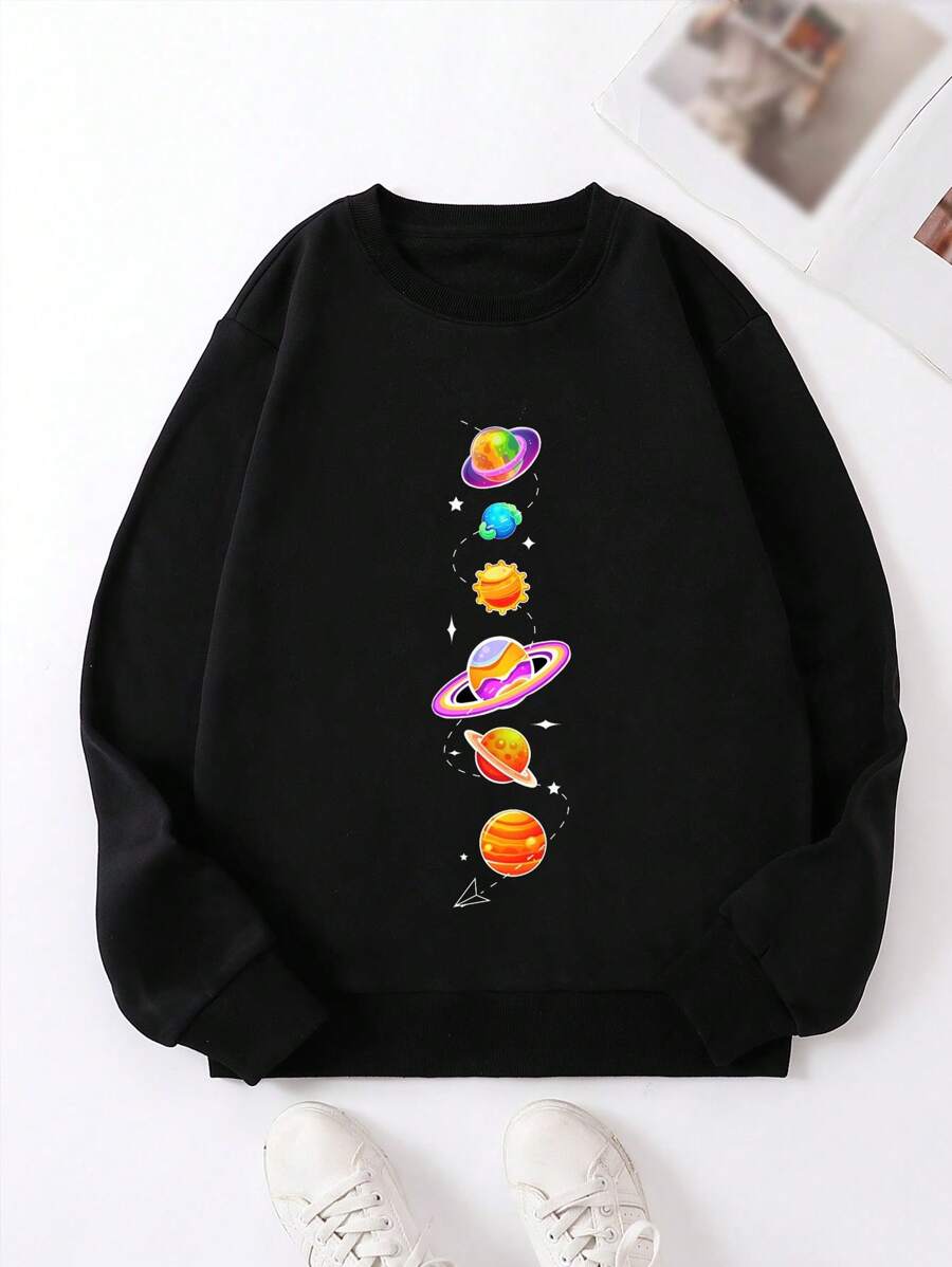 SHEIN EZwear 星球印花保暖内衬套头卫衣 秋季卫衣 - 黑色 - 查看 1