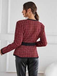 SHEIN Privé 格紋圖案撞色滾邊腰帶粗花呢夾克 - 紅色 - 查看 4