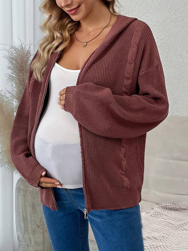SHEIN Maternity Zip Up Drop Shoulder Hooded Cable Knit Cardigan SHEIN USA