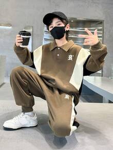 男大童字母圖案拼接面Polo領衛衣和衛褲 - 綠色 - 查看 3