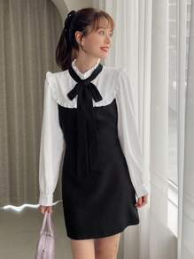 FRIFUL 雙色繫帶領褶邊假兩件洋裝 - 黑色 - 查看 1