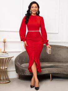 SHEIN Lady Cổ giả Tay áo lồng đèn Xù Đầm Không có thắt lưng - Đỏ - Xem 2