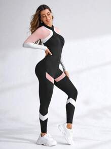 SHEIN Sport Studio Colorblock Half Zip Front Slim Fit Sports Jumpsuit Full
