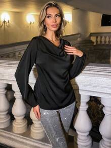 Allurite Rhinestone Chain Detail Backless Draped Collar Blouse - Black - View 4