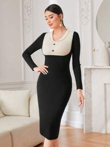 Modelyn Pulloverkleid mit zweifarbig Knopf Detail, - Schwarz - Übersicht 3
