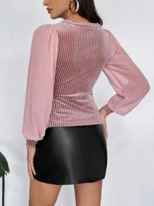 SHEIN Privé Contrast Mesh Lantern Sleeve V Neck Top - Dusty Pink - View 2