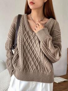 DAZY Cable Knit Drop Shoulder Sweater - Khaki - View 3