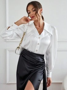 SHEIN Privé Solid Ruched Button Front Shirt - White - View 1