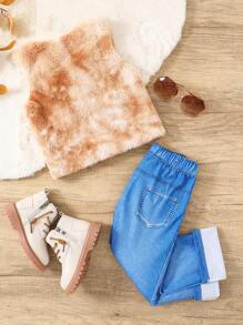 SHEIN Young Girl Tie Dye Teddy Vest Jacket & Pants - Brown - View 2