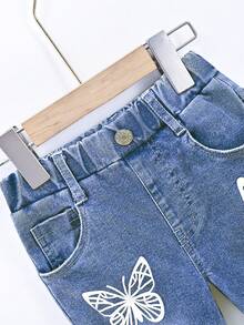 Young Girl Butterfly Print Ripped Raw Cut Flare Leg Jeans - Light Wash - View 6