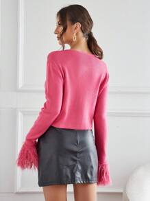 SHEIN Privé Cárdigan de peluche puño ribete en contraste con botón delantero - Rosa Fucsia - Ver 2