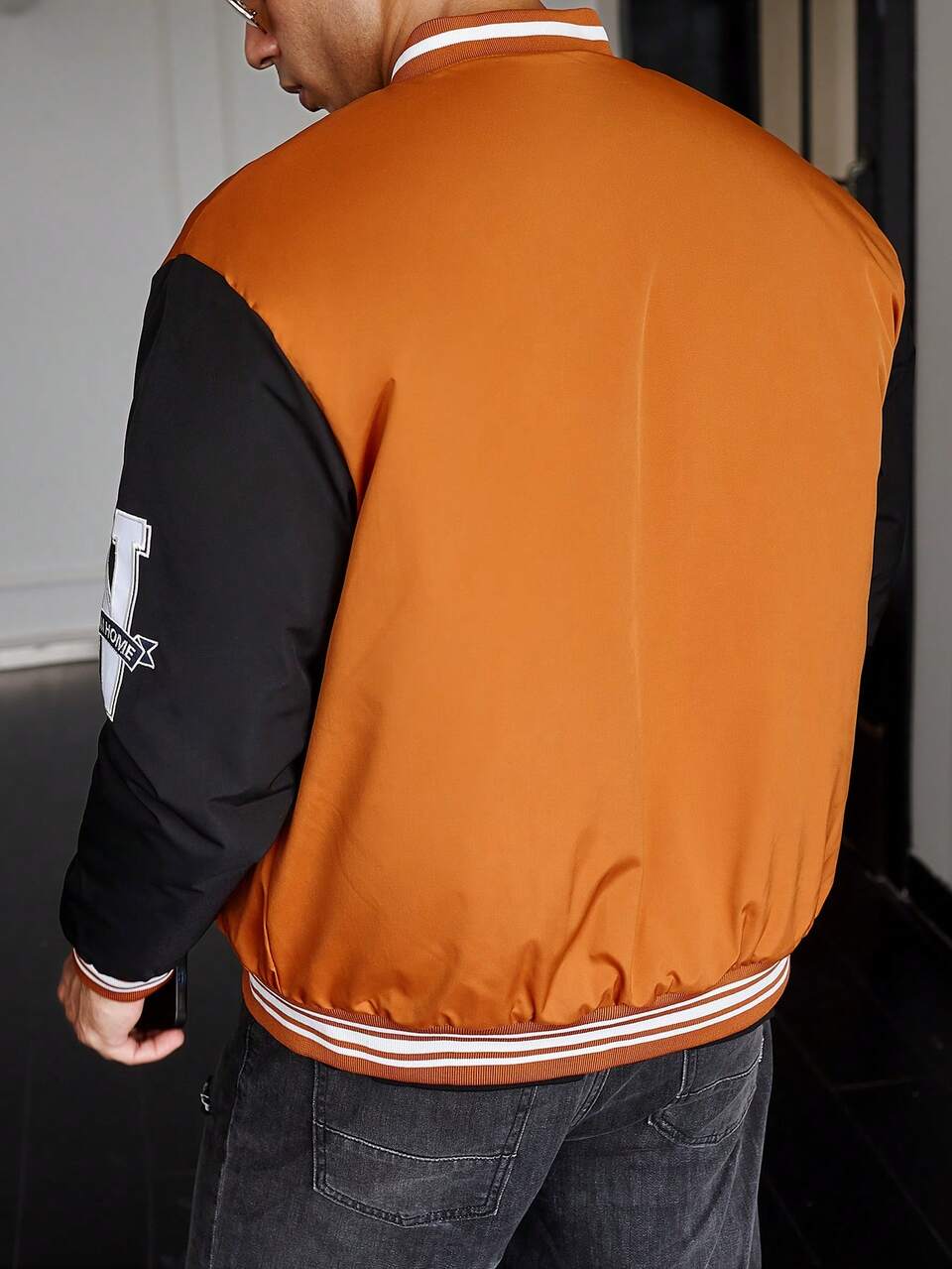 Oversized Men's Striped Trim Colorblock Bomber Jacket