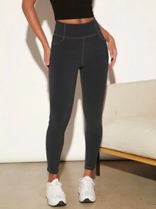 SHEIN BASICS Top-stitching Wideband Waist Leggings - Dark Grey - View 3