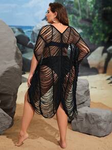 SHEIN Swim Curve Kimono buộc dây phía trước khoét rỗng cỡ lớn mùa hè - màu đen - Xem 2
