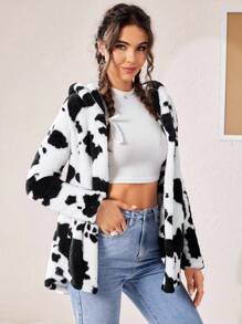 SHEIN EZwear Hình con bò Thiết kế tai 3D áo có mũ Lông cừu áo - Đen và trắng - Xem 4