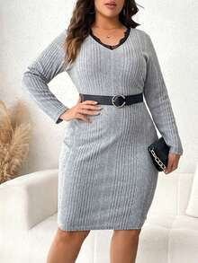 SHEIN Clasi Plus Contrast Lace Trim Ribbed Knit Dress Without Belt - Grey - View 3