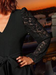 SHEIN Frenchy Contrast Lace Belted Fitted Dress - Black - View 3