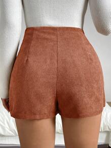 SHEIN Privé Button Detail Wrap Corduroy Skort - Rust Brown - View 3