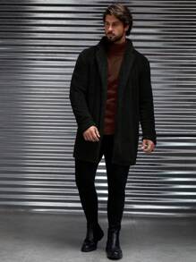 GENTILAND Men Solid Open Front Teddy Coat - Black - View 3