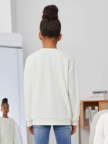 SHEIN 女孩素色落肩袖運動衫 - 米色 - 查看 2