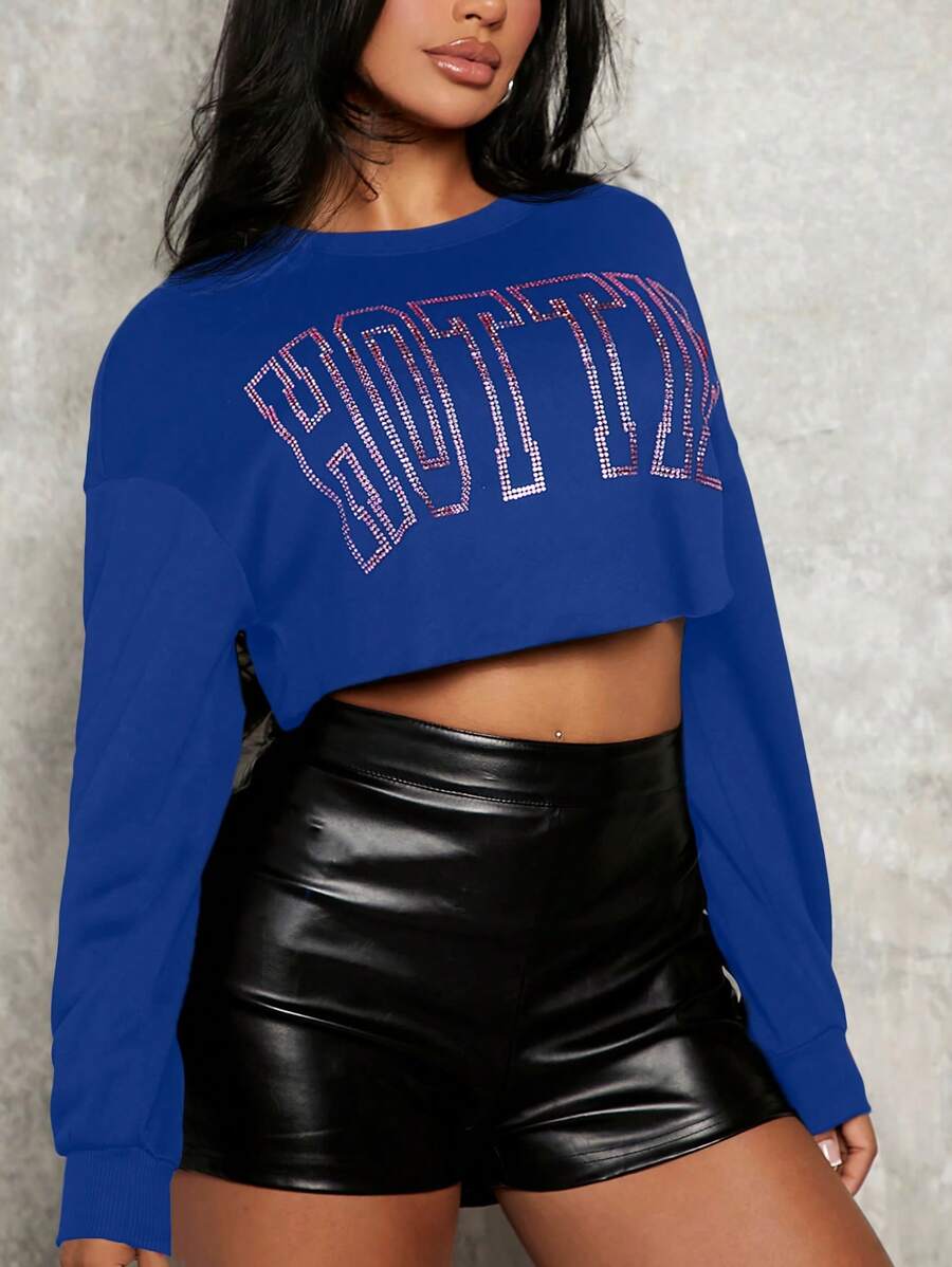 SHEIN SXY Đồ họa Chữ cái Thả vai Áo len crop - Xanh đậm - Xem 1