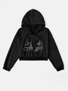 SHEIN EZwear Plus Size Butterfly Print Drop Shoulder Drawstring Sweatshirt - Black - View 3