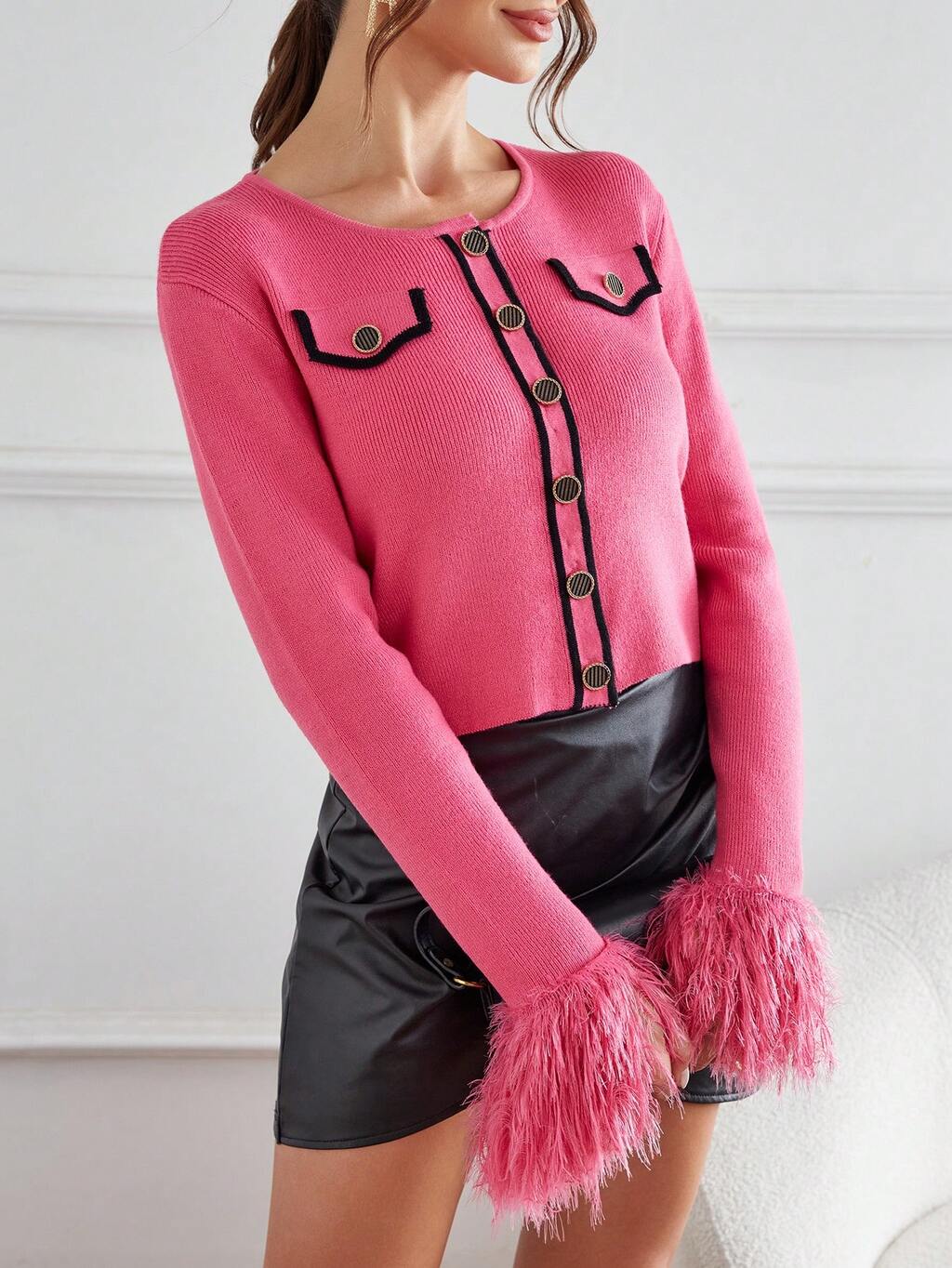 Fuzzy Cuff Contrast Piping Button Front Cardigan