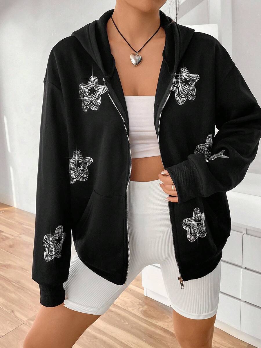 SHEIN Unity Rhinestone Flower Graphic Drop Shoulder Zip Up Hoodie - Black - View 1
