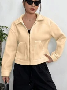 SHEIN Unity Zip Up Drop Shoulder Overcoat Fall Cloth For Women - Beige - View 3