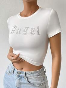 SHEIN Unity Pha lê Mẫu chữ Áo phông Crop - trắng - Xem 3