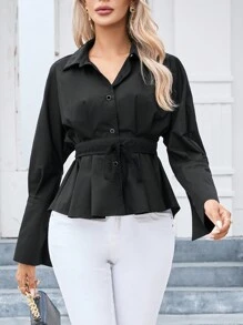 SHEIN Privé Batwing Sleeve Belted Shirt - Black - View 3