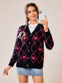 SHEIN EZwear 幾何格紋&星星圖案落肩袖開襟衫 - 黑色 - 查看 4