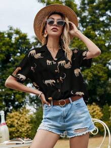 EMERY ROSE Leopard Print Lapel Neck Blouse Women Shirt