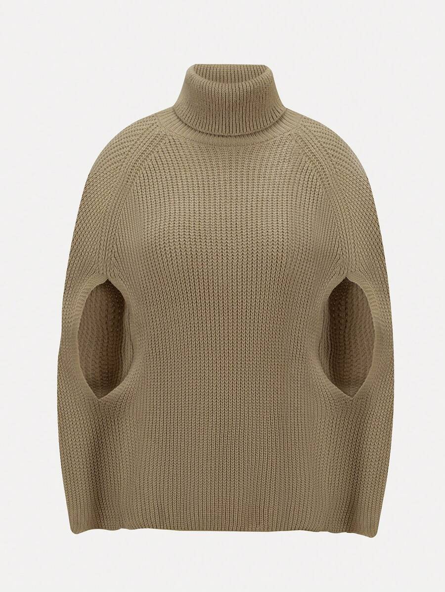 EMERY ROSE Áo len cổ lọ tay raglan khoét eo, kiểu dáng rộng rãi, thích hợp mặc mùa thu đông. - Màu Khaki - Xem 1