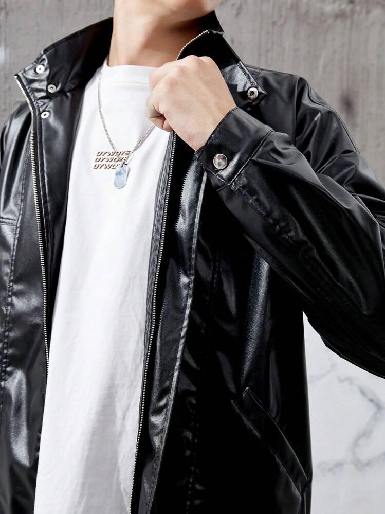 Manfinity Roghcode Men's Oversized Pu Leather Zip Up Jacket