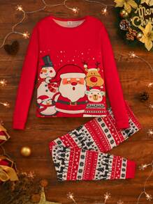 Tween Girl Cute Snowman & Letter Printed Christmas Snug Fit Snug Fit Pajamas, Sibling Outfits - Red - View 3